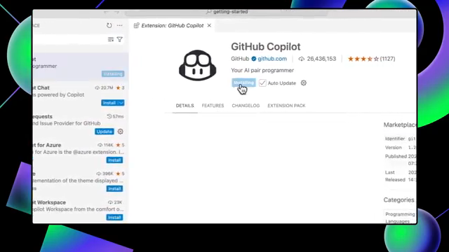GitHub Copilot extension page in VS Code with the Install button visible.