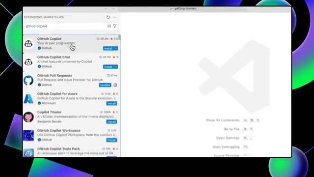 VS Code Extensions Marketplace search results showing GitHub Copilot and GitHub Copilot Chat.