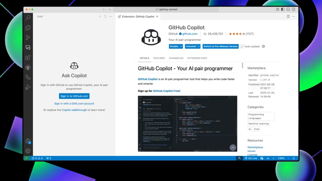 VS Code showing the Copilot sign-in panel with buttons to sign in using GitHub.