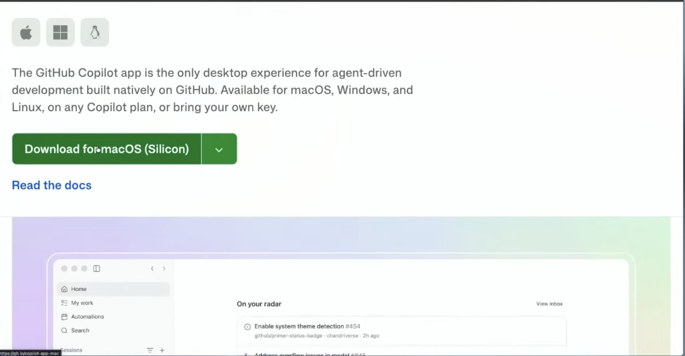 GitHub Copilot app download page with a Download for macOS button and macOS, Windows, and Linux options.