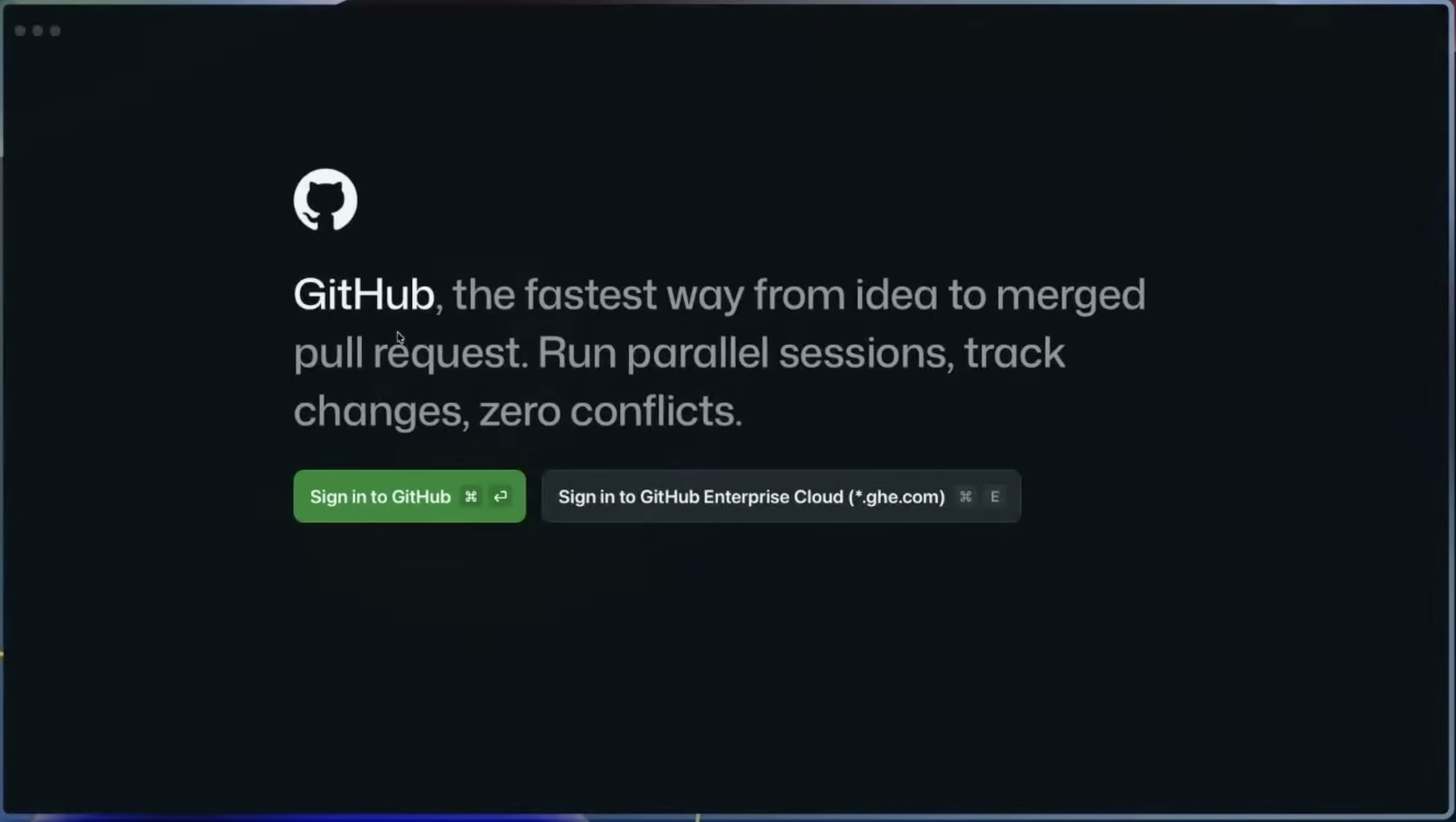 GitHub Copilot app welcome screen with buttons to sign in to GitHub or GitHub Enterprise Cloud.