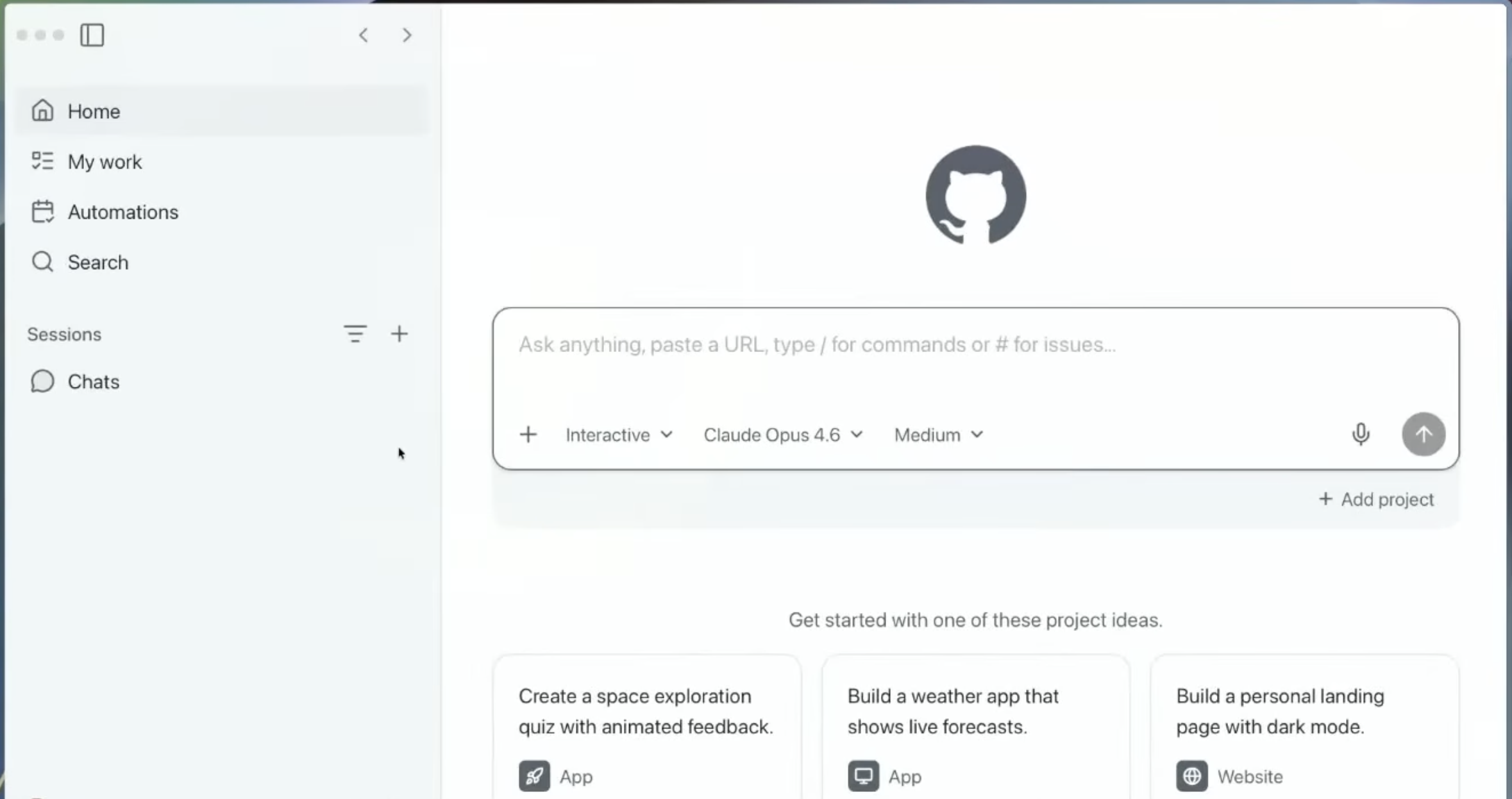 GitHub Copilot app home screen with an Ask anything prompt box, model picker, and starter project ideas.