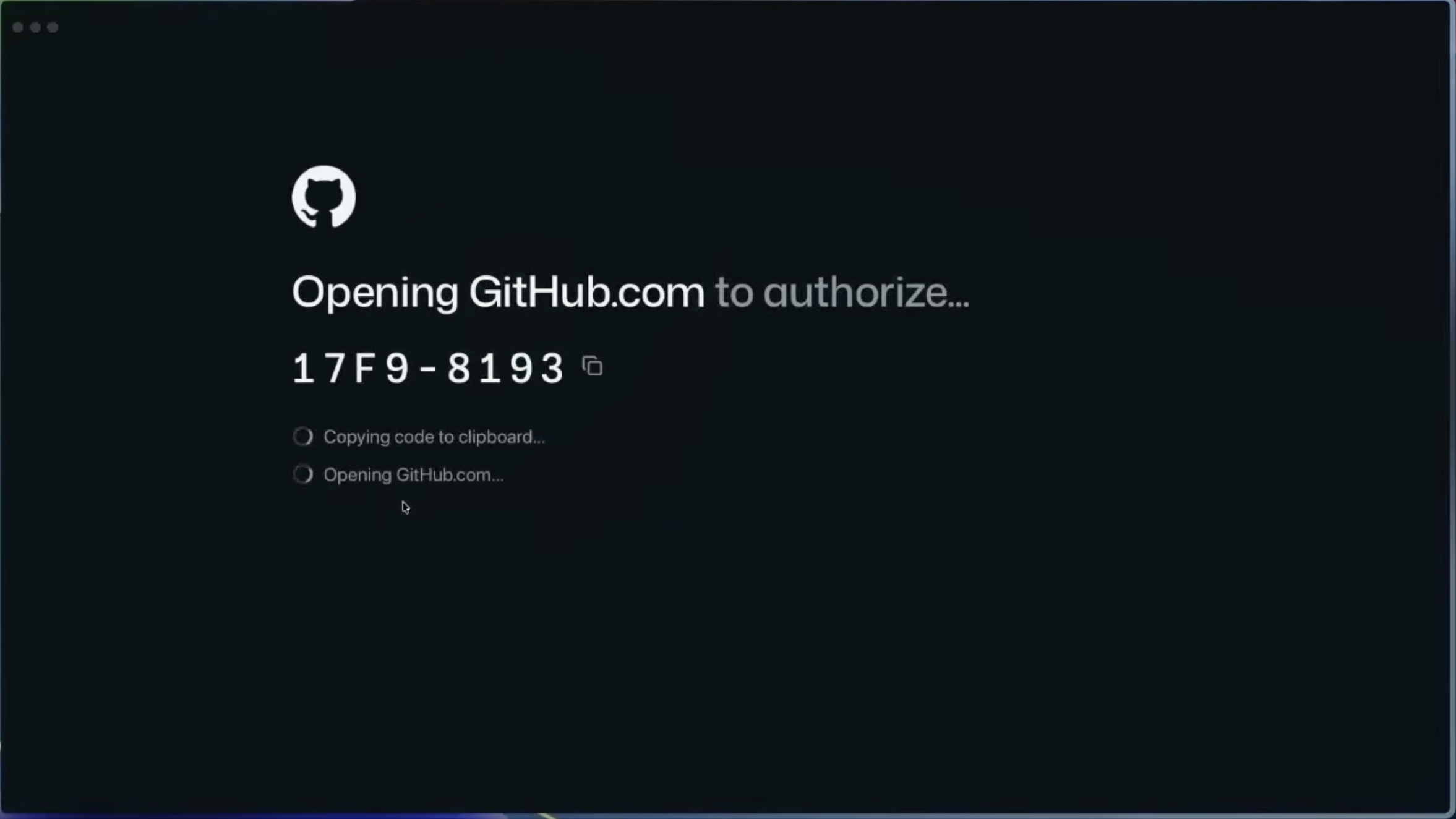 GitHub Copilot app showing an eight-character device code while opening GitHub.com to authorize.