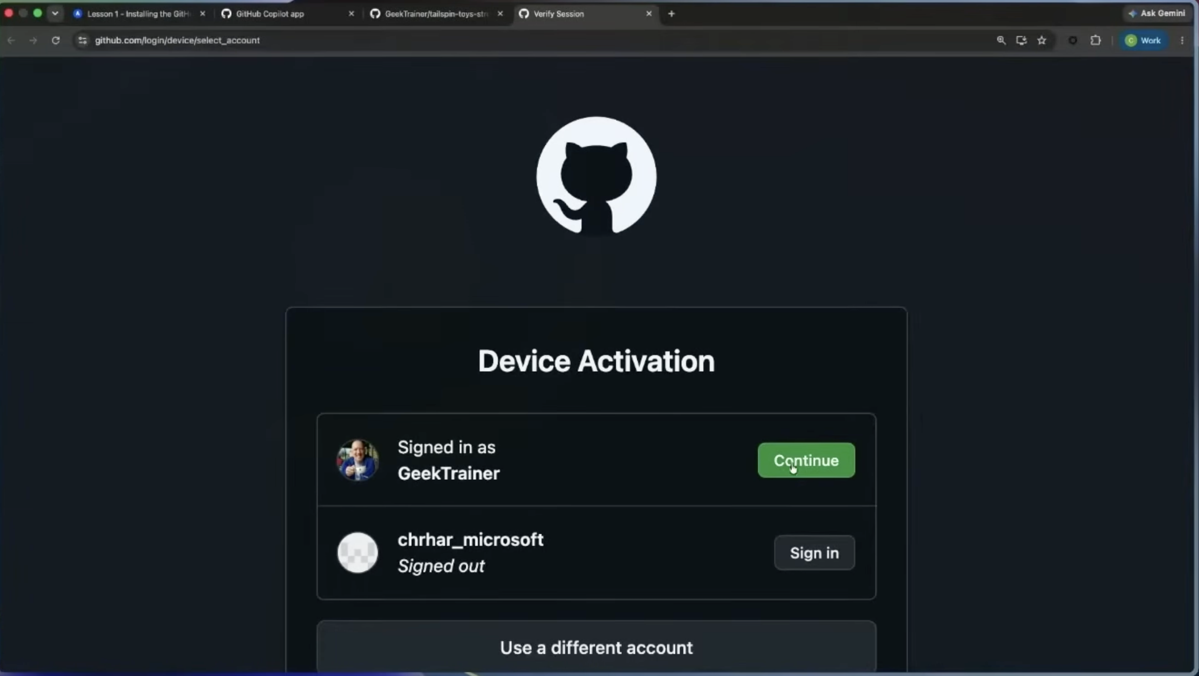 GitHub Device Activation page showing the signed-in account with a Continue button.