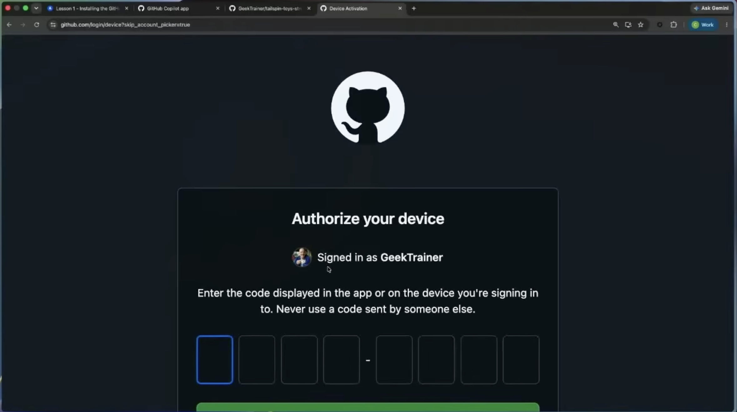 Authorize your device page with input boxes to enter the device code.