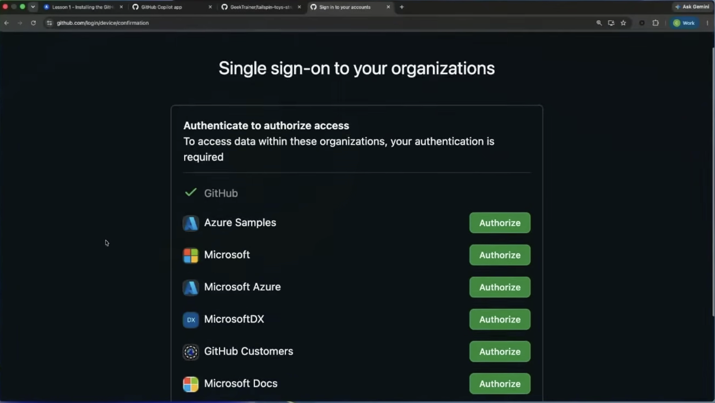 GitHub Copilot app screen showing authorization complete.