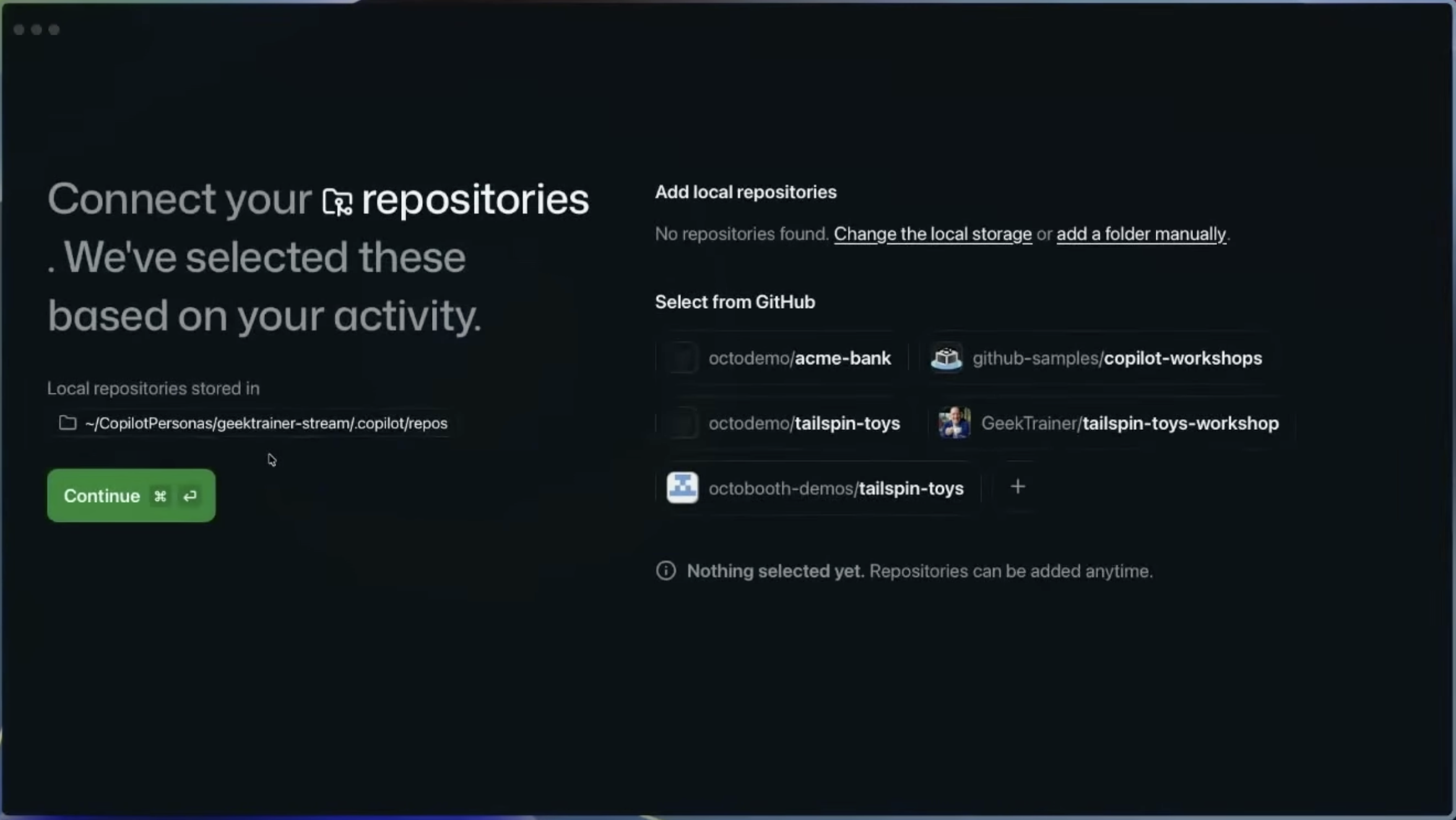 Connect your repositories screen with local and GitHub repositories to select.