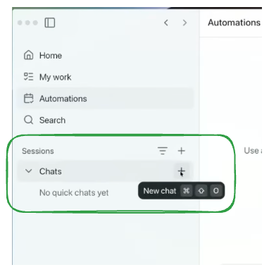 Copilot app sidebar showing Sessions and Chats with a New chat button highlighted.