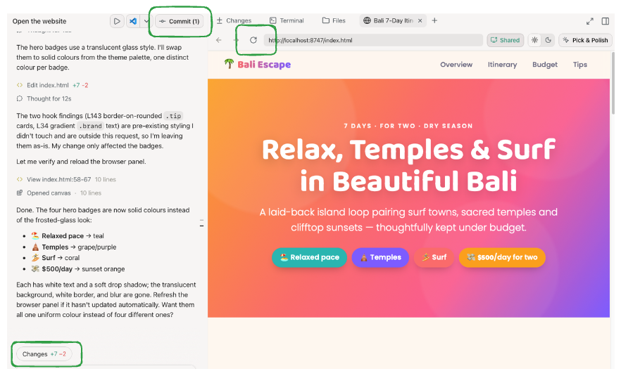 Copilot app showing completed styling changes beside the refreshed Bali itinerary preview